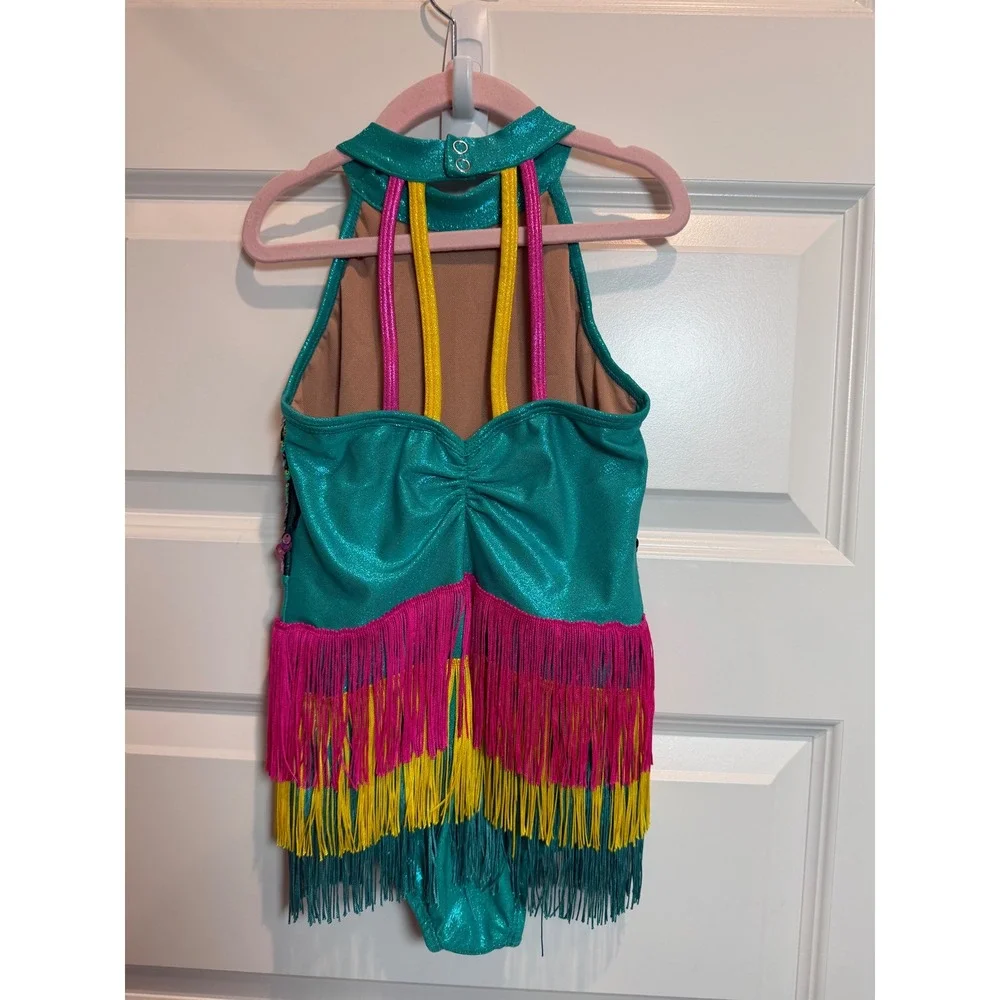 Kids Sequin Fringe Dance Leotard Costume Teal Pink Yellow Performance Comp MC
